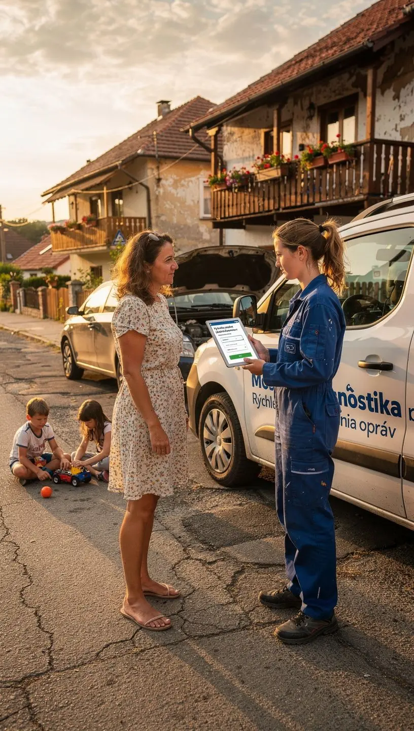 Automechanik konzultujúci výsledky pred-diagnostiky so zákazníkom pred návštevou autoservisu v Slovenskej dielni.